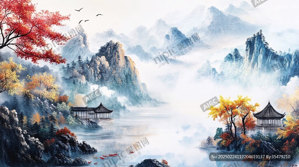 高清彩色客厅山水