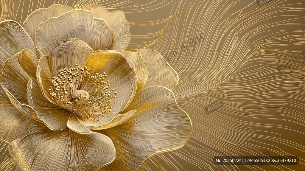 轻奢金色牡丹花线条