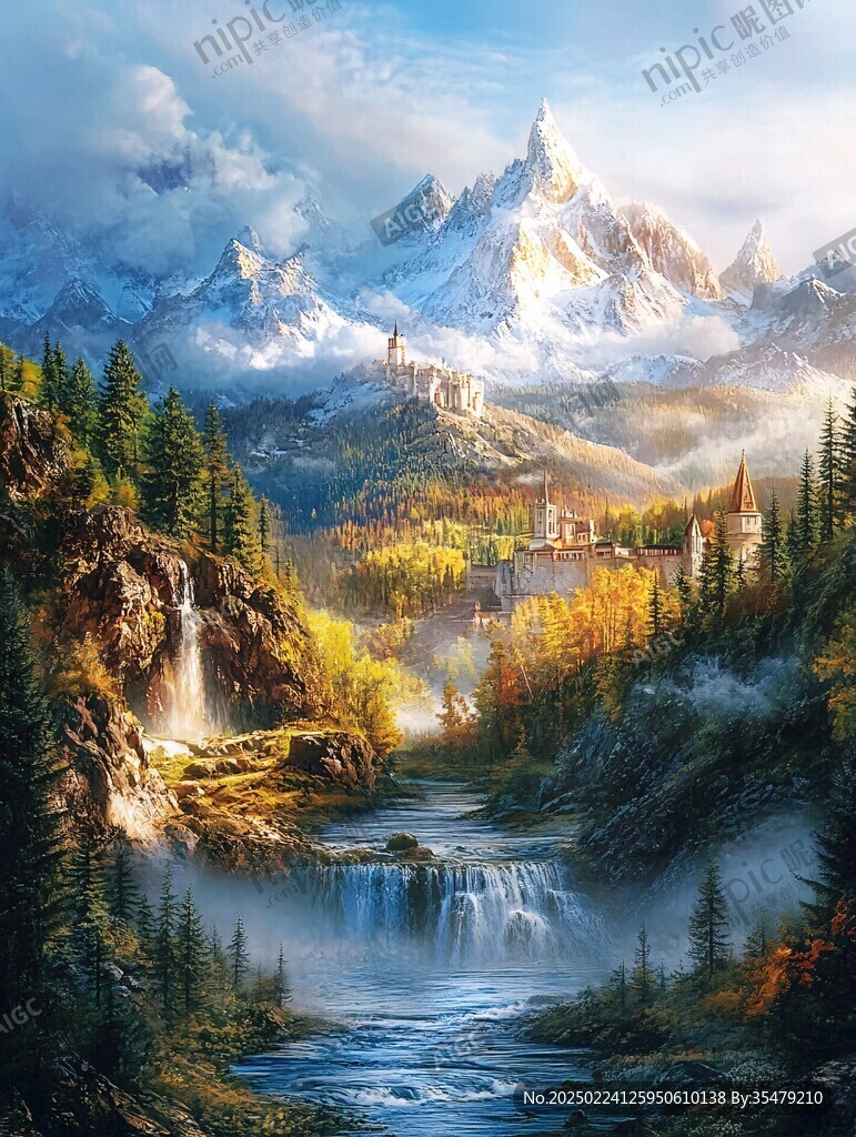 山水风景油画瀑布