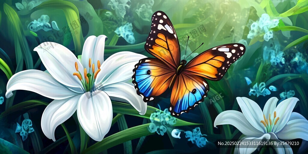 百合花春天蝴蝶飞鸟