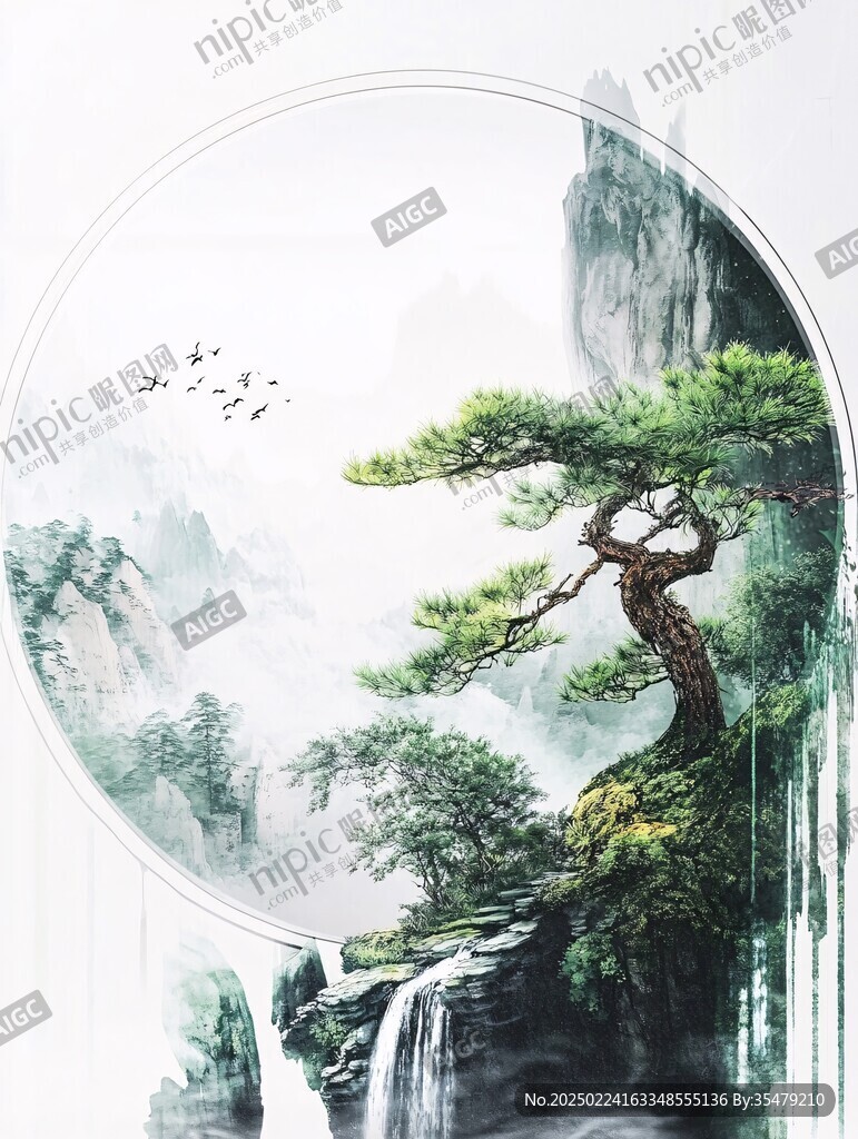 迎客松松树禅意山水