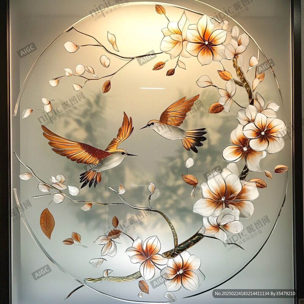 手绘花鸟玻璃画