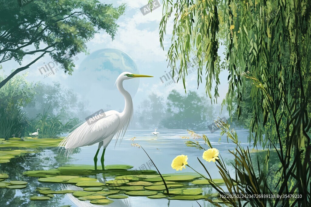 白鹭水鸟电视背景壁画