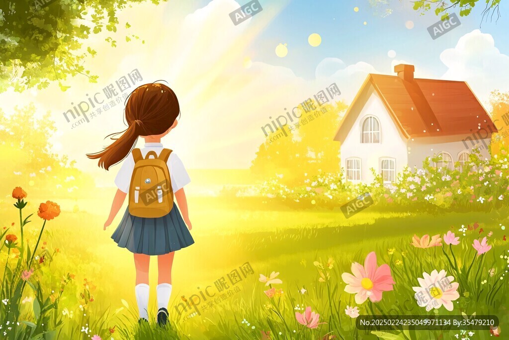 女学生夕阳下插画