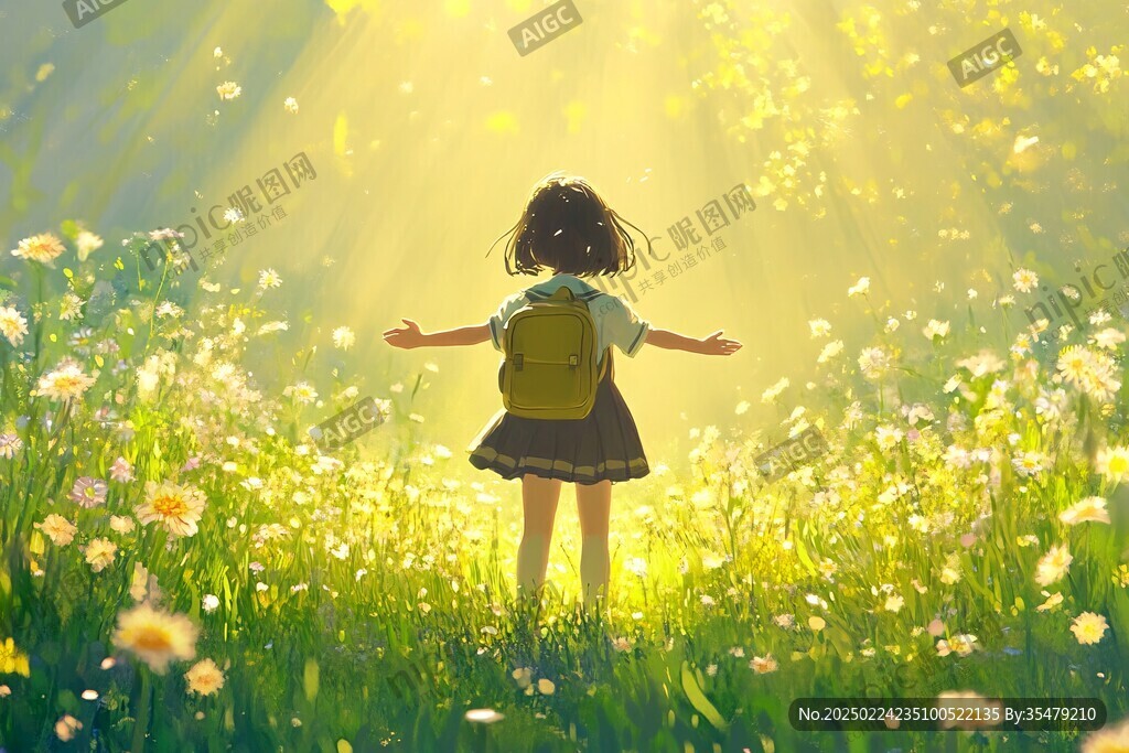 女学生夕阳下插画