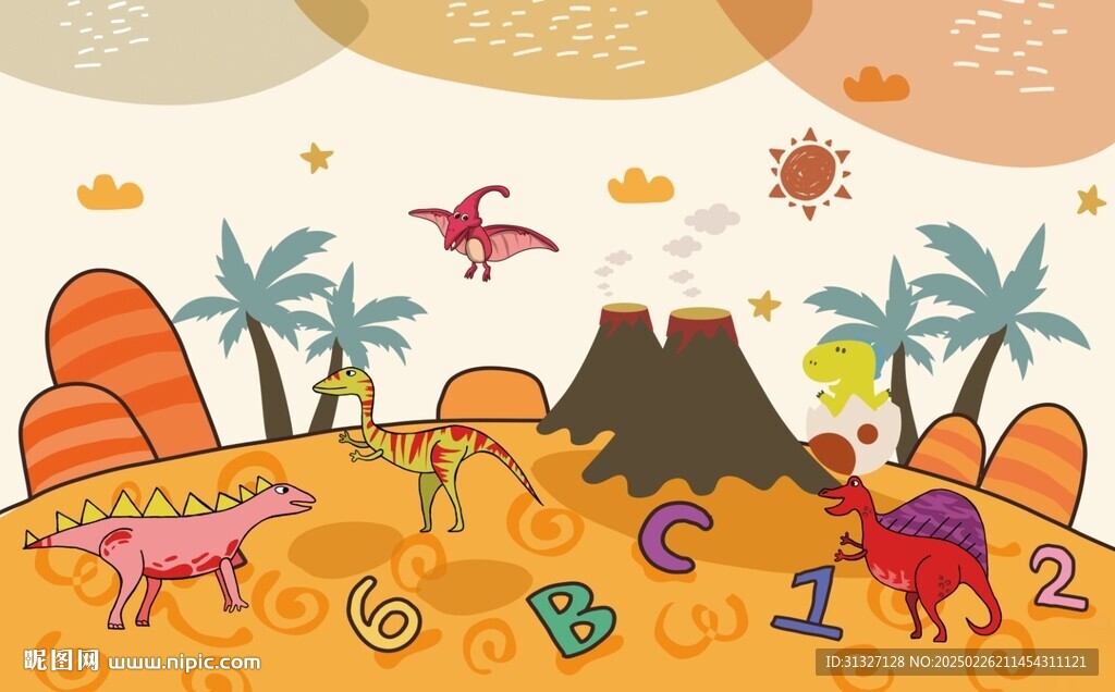 卡通恐龙儿童房背景墙图片