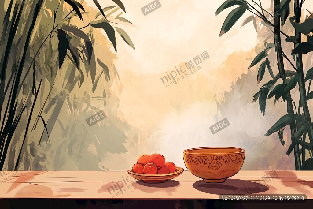 竹林静谧 木桌上的柿子和碗