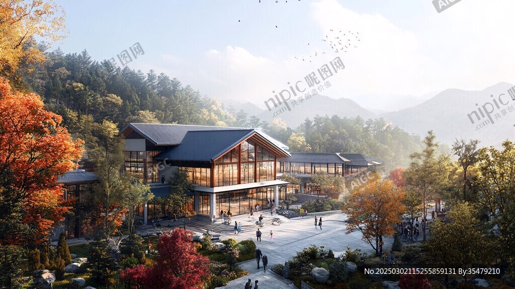 秋日山谷里的现代建筑