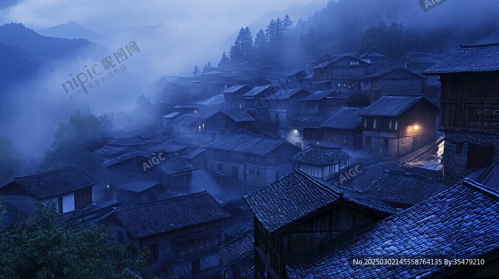 山村夜色 雾气缭绕
