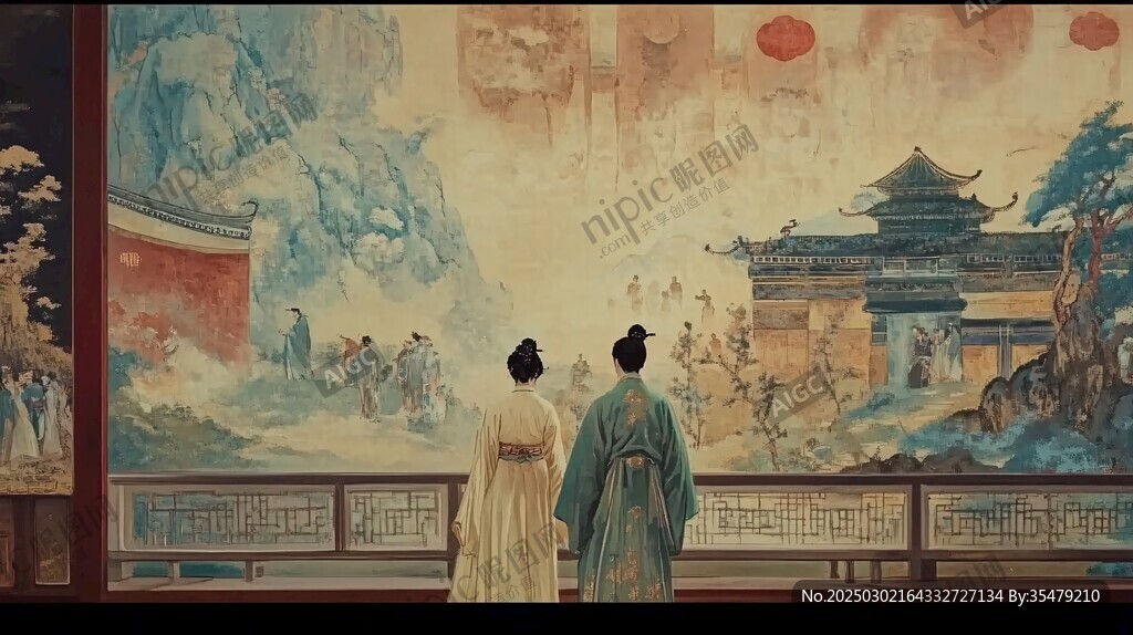 古风壁画中的情侣