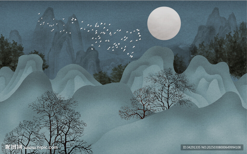 新中式抽象线条山水电视沙发背景