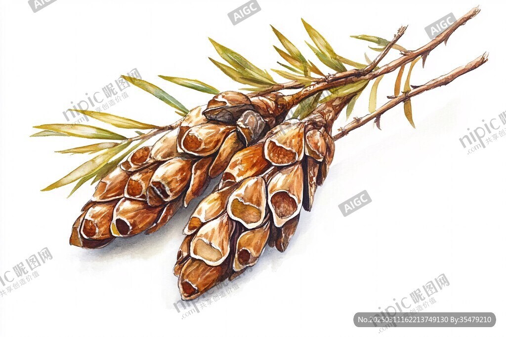 松果与枝叶的水彩画