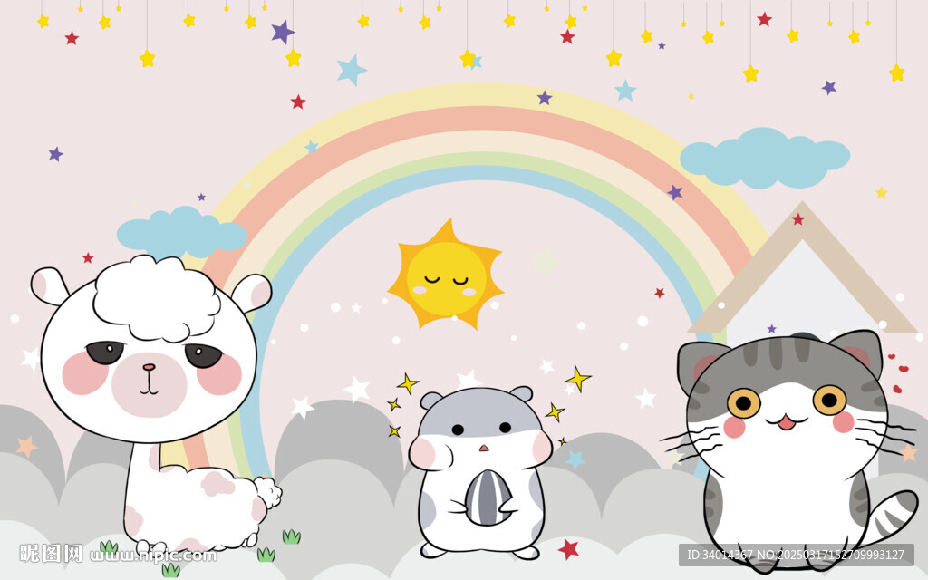 卡通粉色儿童房背景墙