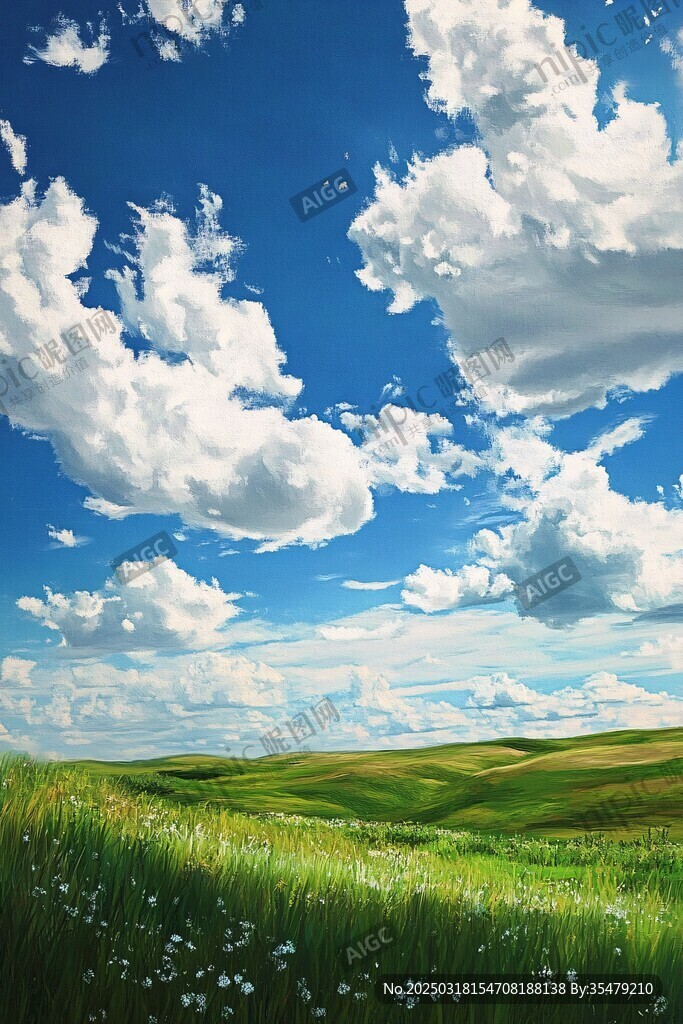 蓝天白云下的绿色丘陵
