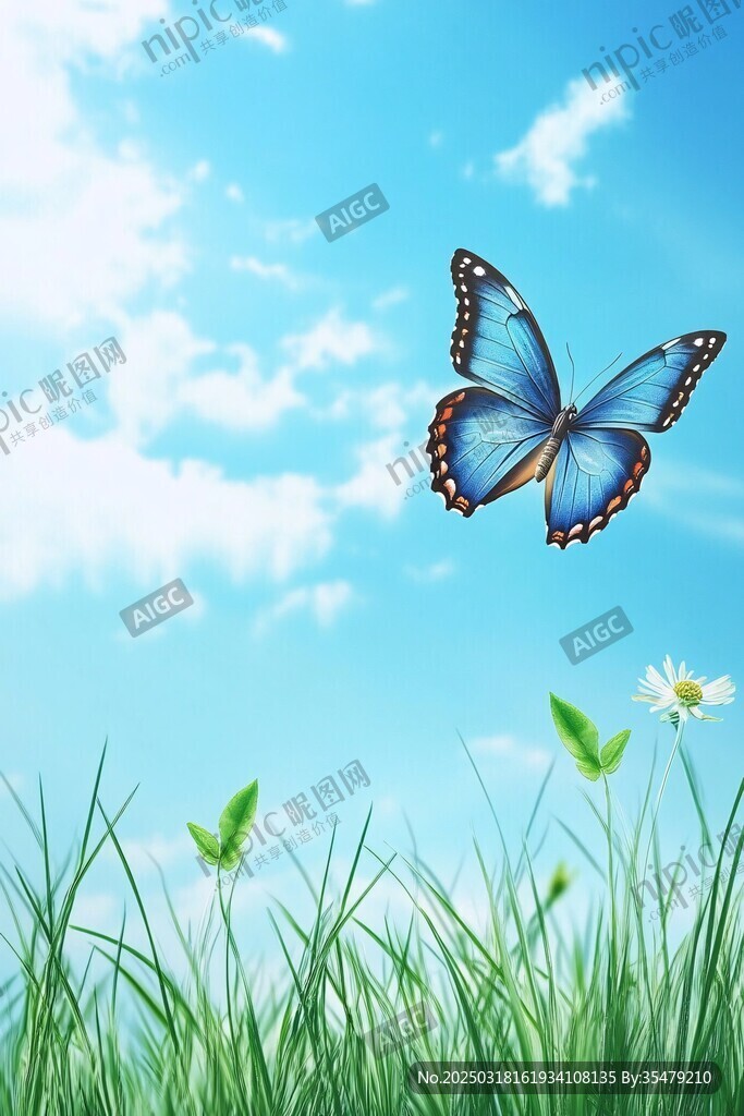 蓝色蝴蝶 绿色草地 白色花朵 蓝色天空 白云 自然风景 宁静和谐 生态美 春天 复苏 希望 梦想 自