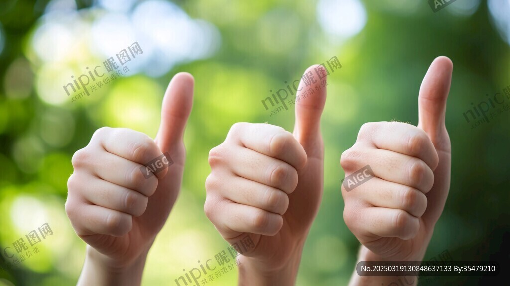 大拇指向上 绿色背景 自然光线 人类手部 皮肤纹理 手指弯曲 积极信号 点赞手势 户外环境 模糊背景