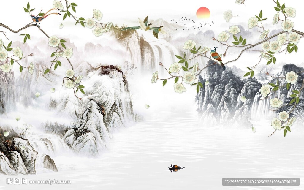 花鸟流水生财背景