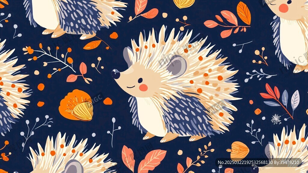 刺猬与秋叶的无缝图案