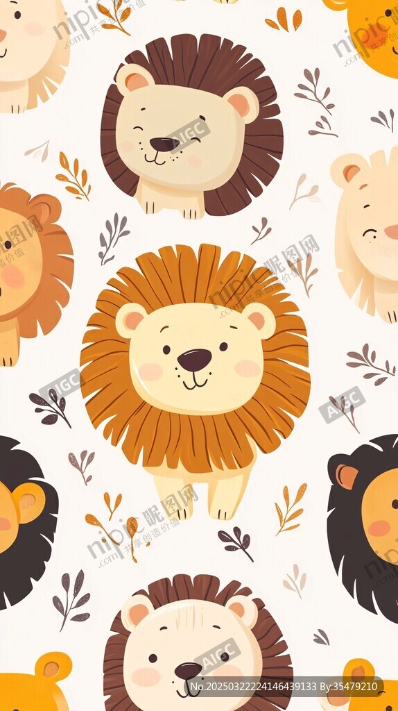 可爱卡通狮子与植物无缝图案