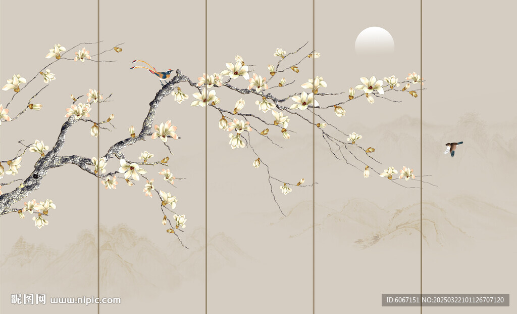 新中式工笔花鸟画背景墙