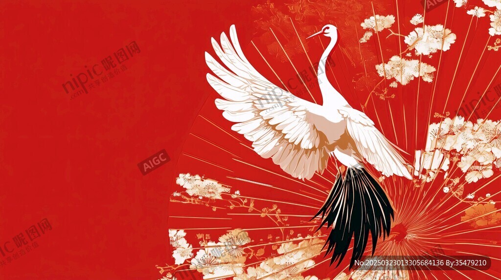红白仙鹤扇影