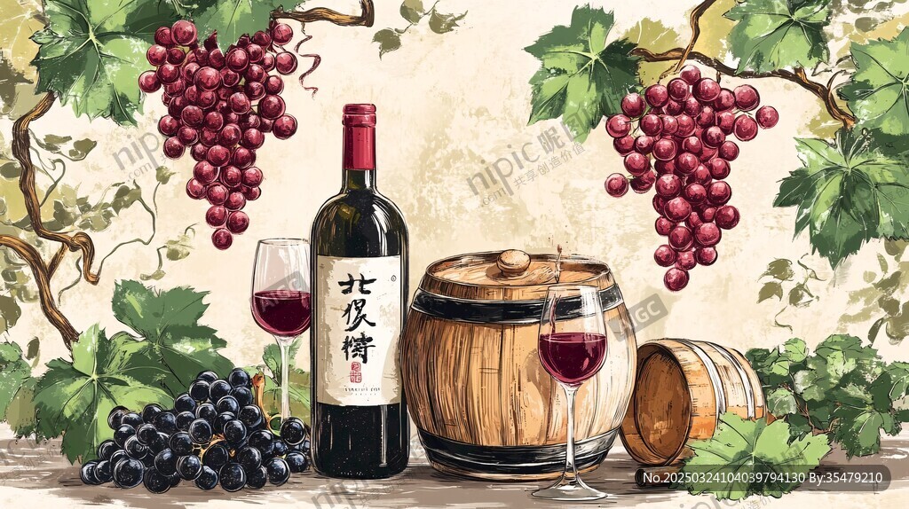 葡萄酒与葡萄的静物画