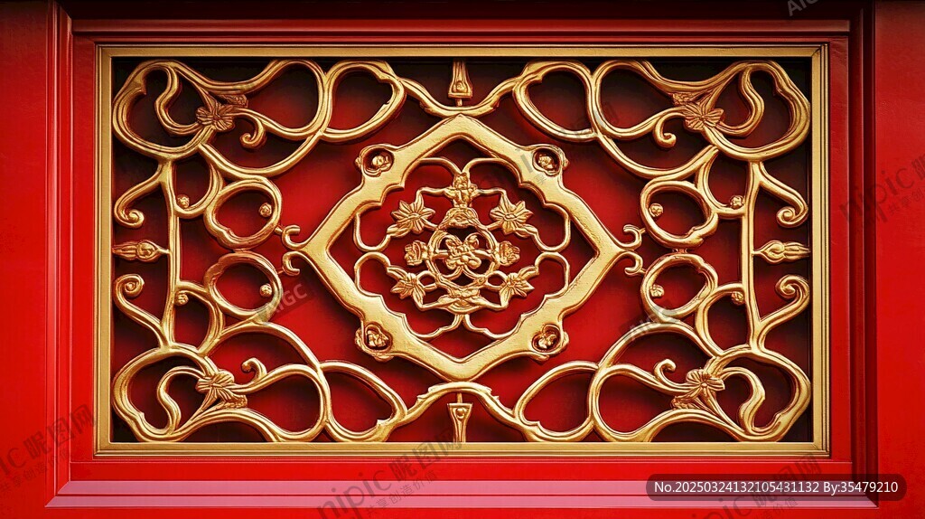 中式红墙金色雕花窗棂