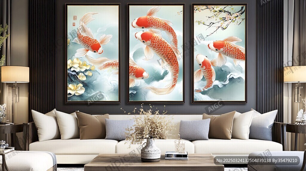 客厅中式锦鲤挂画装饰