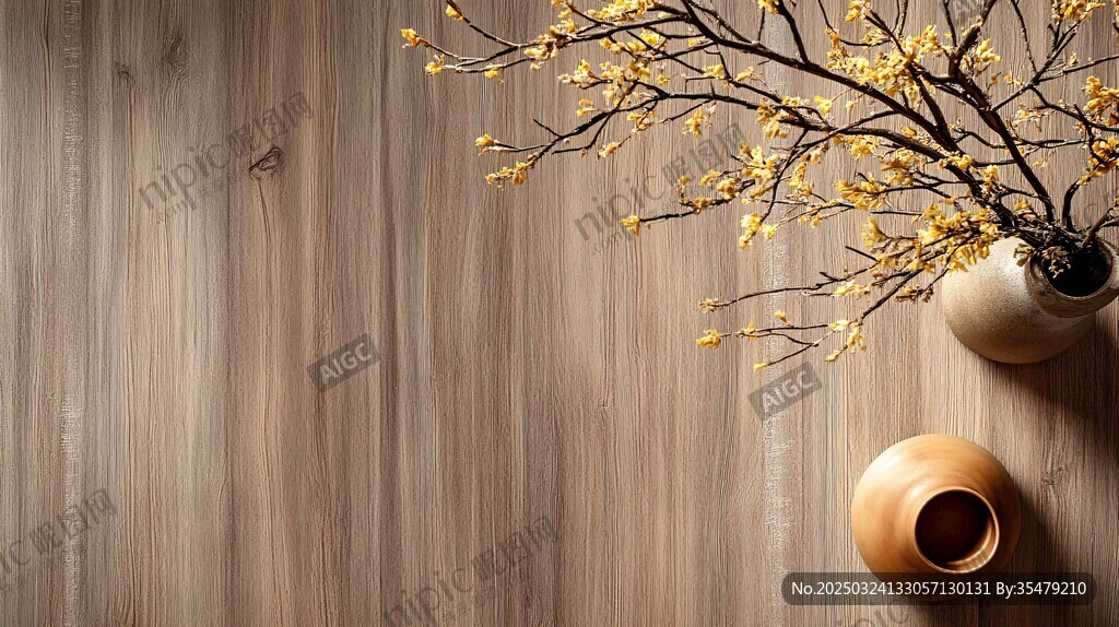 木质桌面的雅致插花摆件