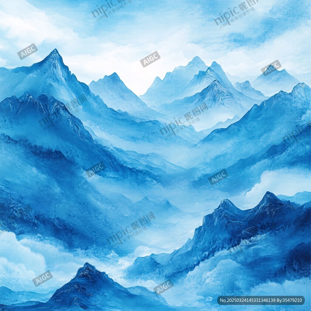 梦幻蓝调山水意境图