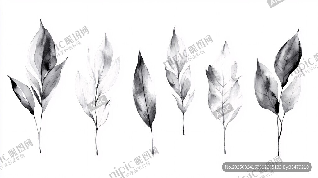 黑白水墨风手绘植物叶片