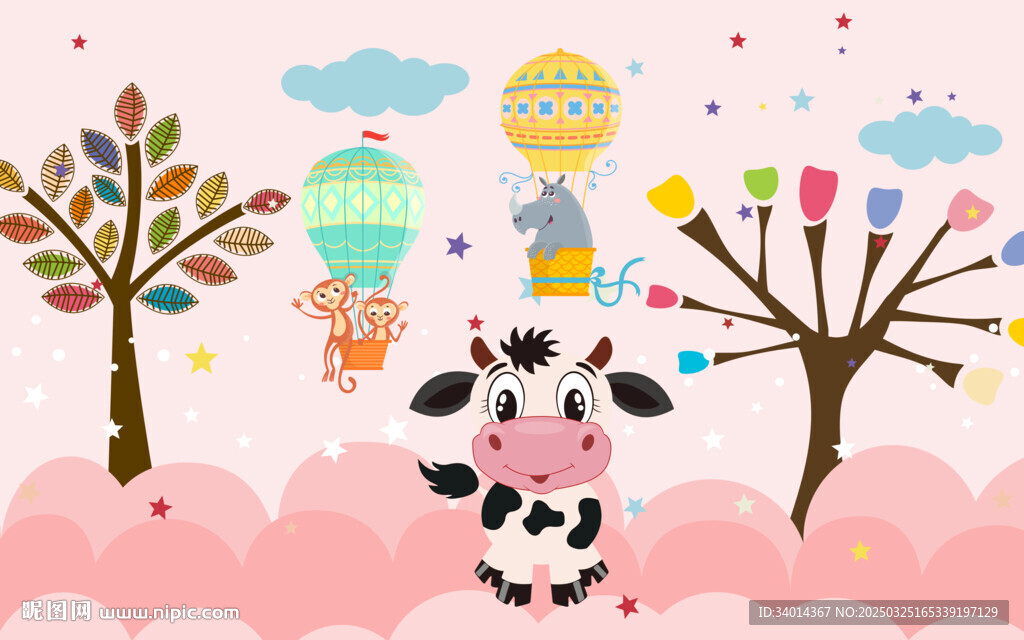 卡通粉色小奶牛背景墙