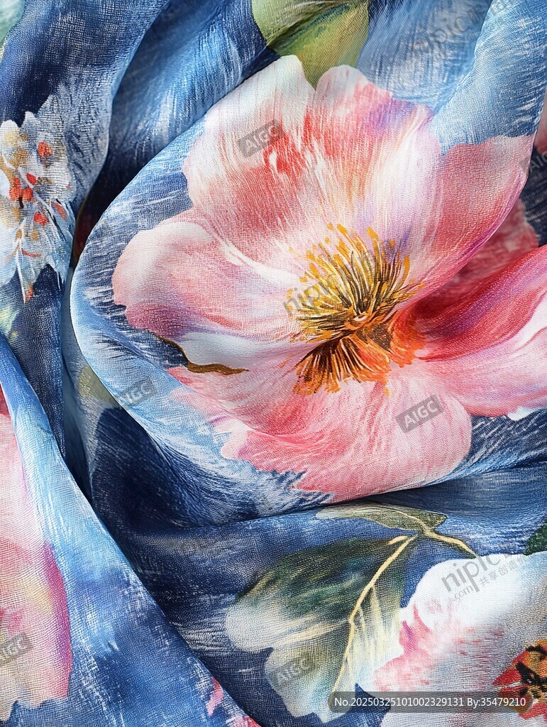 花卉图案蓝色丝绸布料