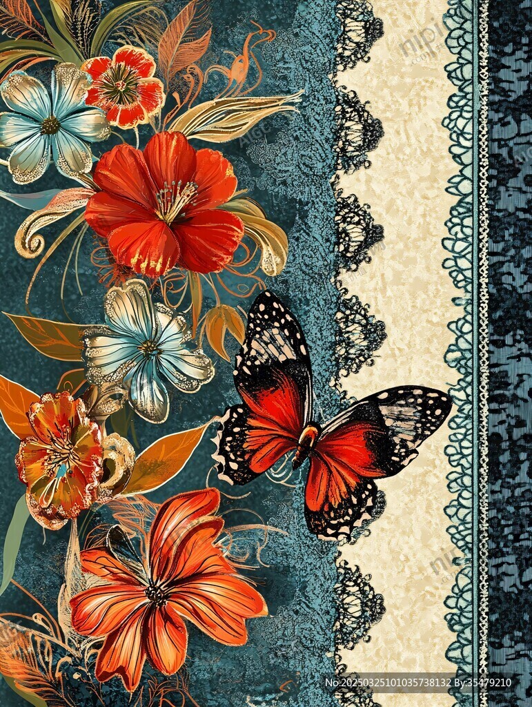 花卉蝴蝶与蕾丝复古图案