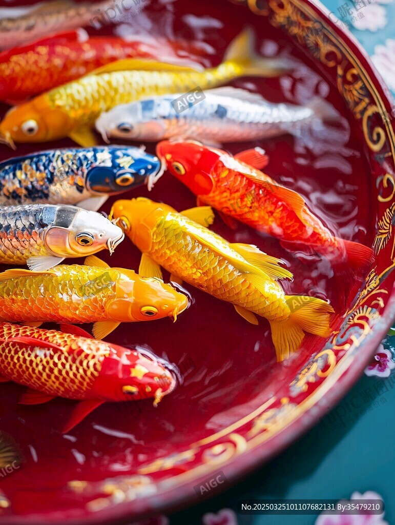 盘中多彩锦鲤灵动鲜活