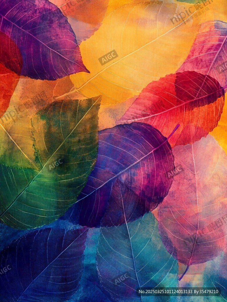 梦幻多彩秋叶水彩画