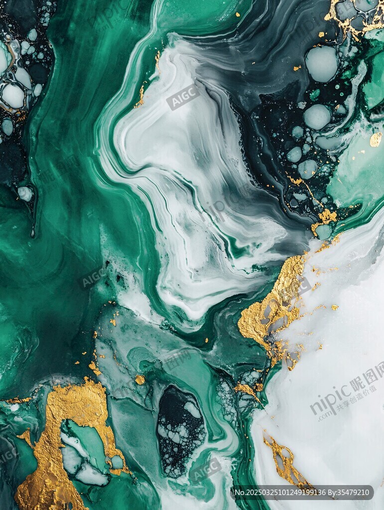 绿白金交融的流体艺术画面