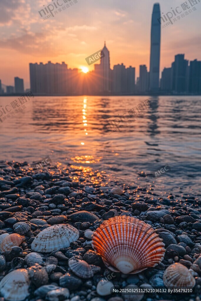 海滨日落时的贝壳与城市景