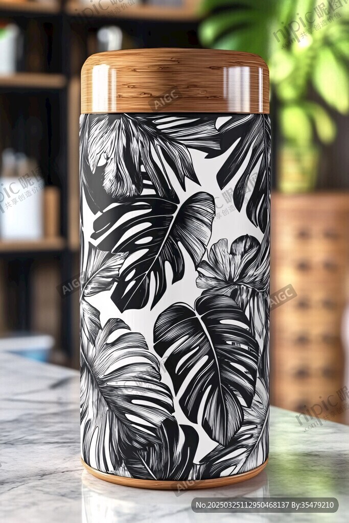 黑白叶纹不锈钢保温杯