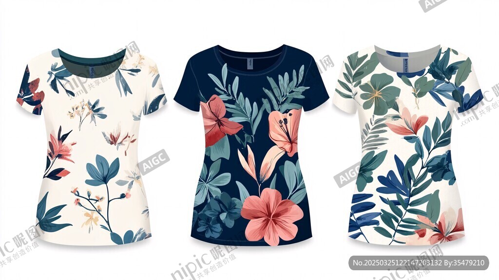 三件花卉图案女士短袖T恤