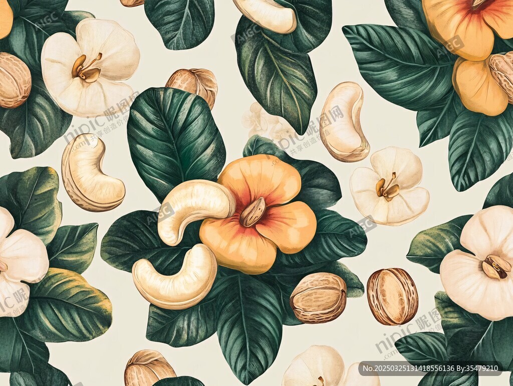 腰果花卉植物无缝图案