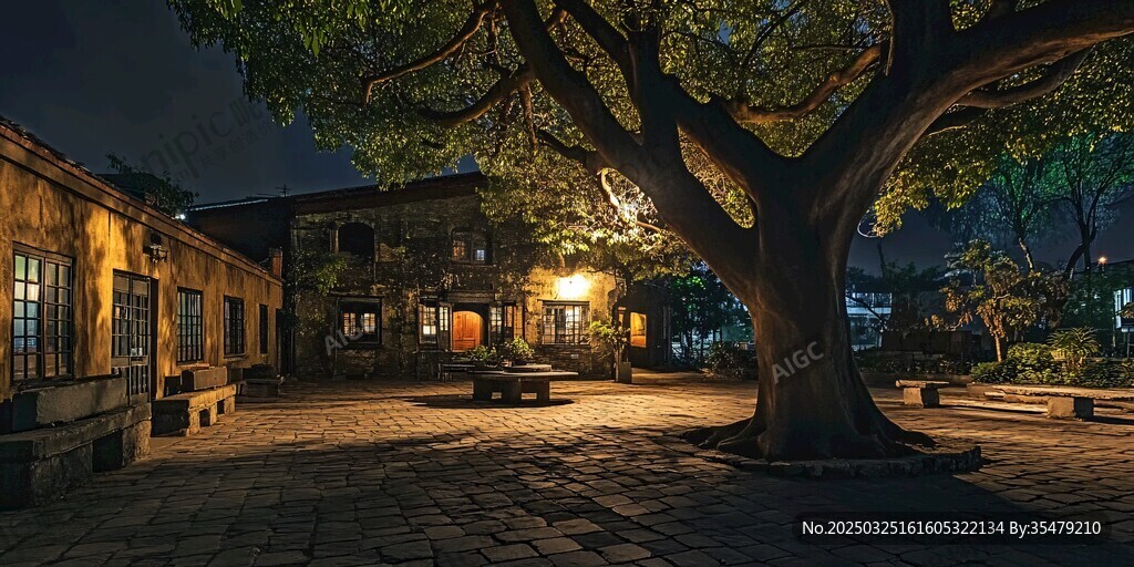 古院大树下的静谧夜景