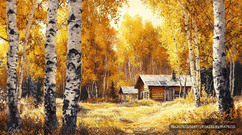 秋日白桦林中的温馨小屋