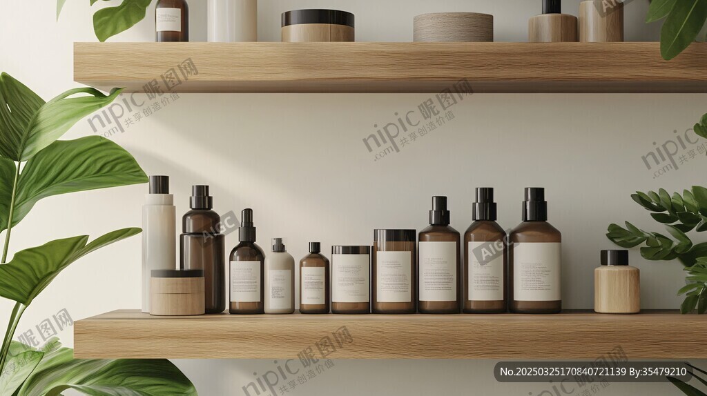 简约置物架上的护肤瓶罐