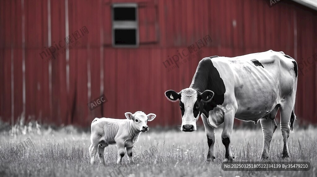 母牛与小牛在红谷仓前