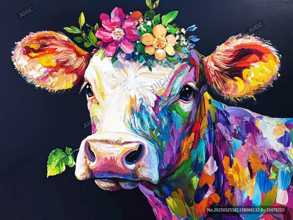 彩色花卉装饰的艺术奶牛