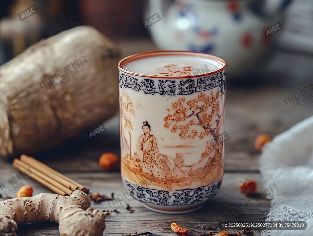 中式古风花纹茶杯与药材