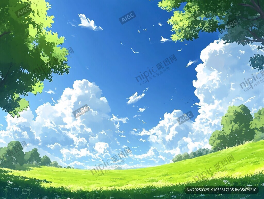 夏日绿野蓝天美景