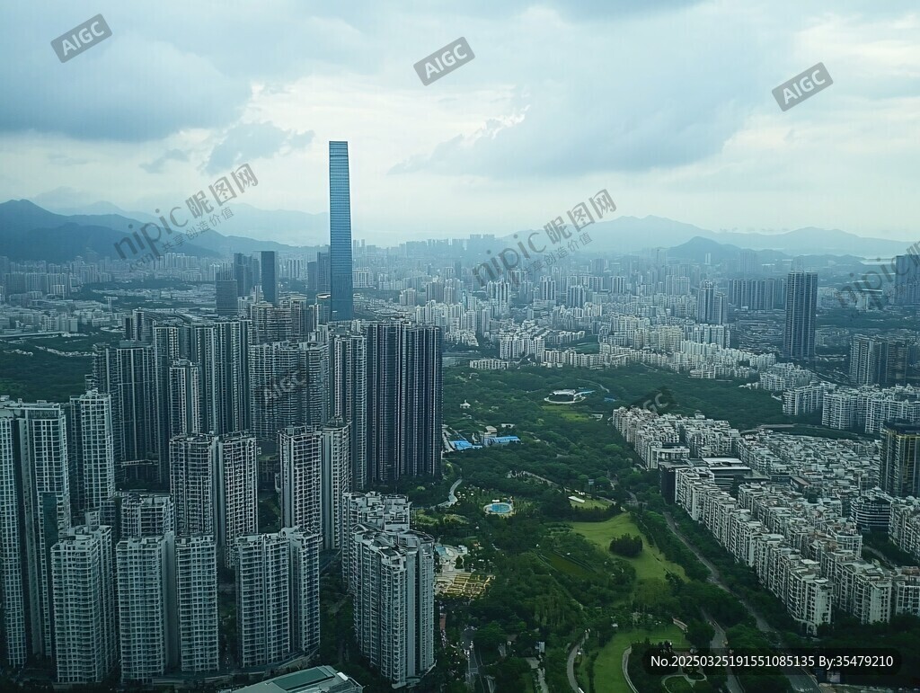 俯瞰都市高楼与绿地景观