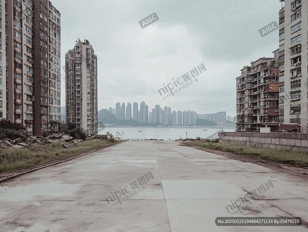 荒废道路两侧的老旧建筑群